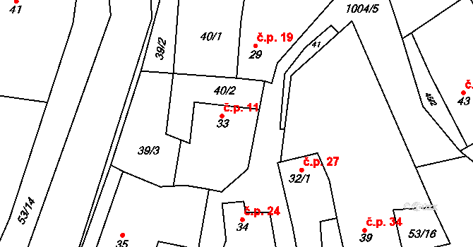 Kuřimské Jestřabí 11 na parcele st. 33 v KÚ Kuřimské Jestřabí, Katastrální mapa