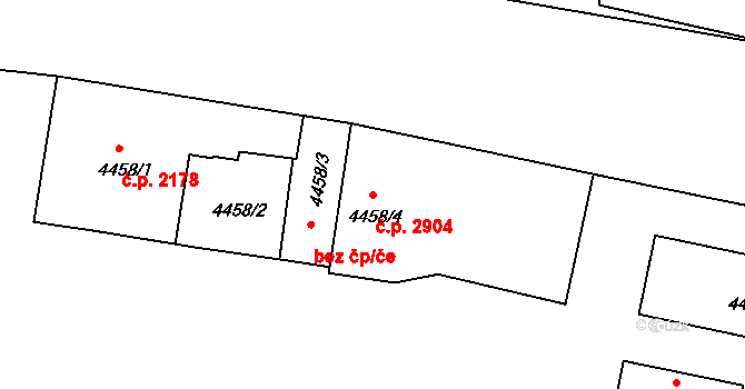 Žižkov 2904, Praha na parcele st. 4458/4 v KÚ Žižkov, Katastrální mapa