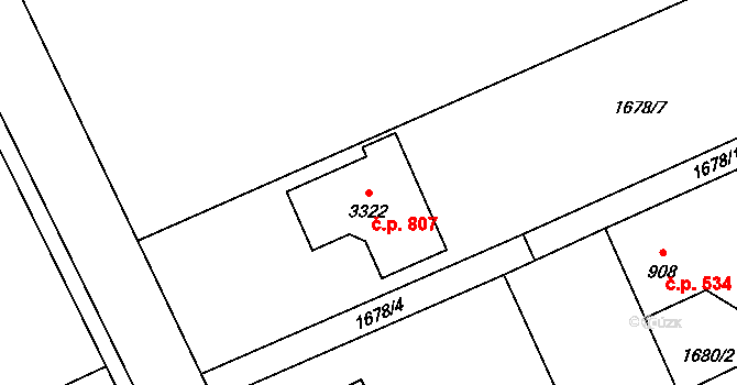 Ostravice 807 na parcele st. 3322 v KÚ Ostravice 1, Katastrální mapa