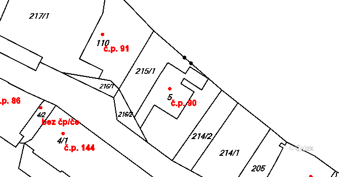 Rokytník 90, Hronov na parcele st. 5 v KÚ Rokytník, Katastrální mapa