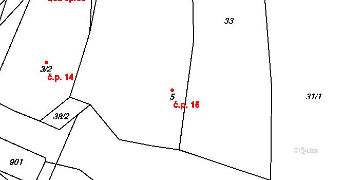 Zahrádka 15 na parcele st. 5 v KÚ Zahrádka u Všerub, Katastrální mapa