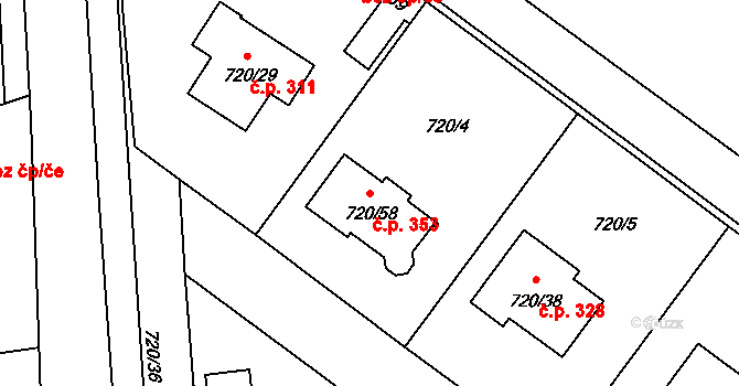 Semice 353 na parcele st. 720/58 v KÚ Semice nad Labem, Katastrální mapa