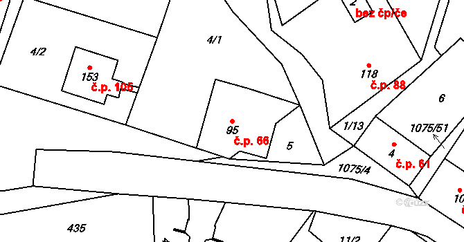 Postřelmůvek 66 na parcele st. 95 v KÚ Postřelmůvek, Katastrální mapa