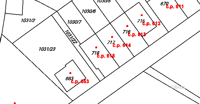 Mořkov 615 na parcele st. 718 v KÚ Mořkov, Katastrální mapa