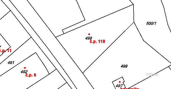 Olbramice 118 na parcele st. 498 v KÚ Olbramice, Katastrální mapa