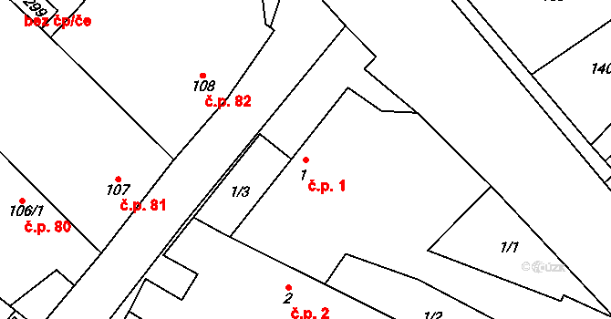 Olbramkostel 1 na parcele st. 1 v KÚ Olbramkostel, Katastrální mapa