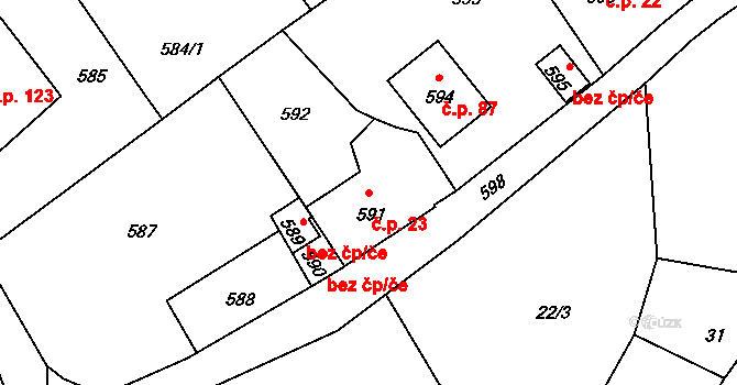 Černé Budy 23, Sázava na parcele st. 591 v KÚ Černé Budy, Katastrální mapa