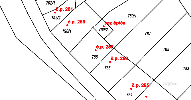 Stonařov 257 na parcele st. 788 v KÚ Stonařov, Katastrální mapa