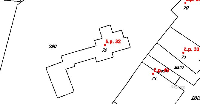 Doubravčice 32 na parcele st. 72 v KÚ Doubravčice, Katastrální mapa