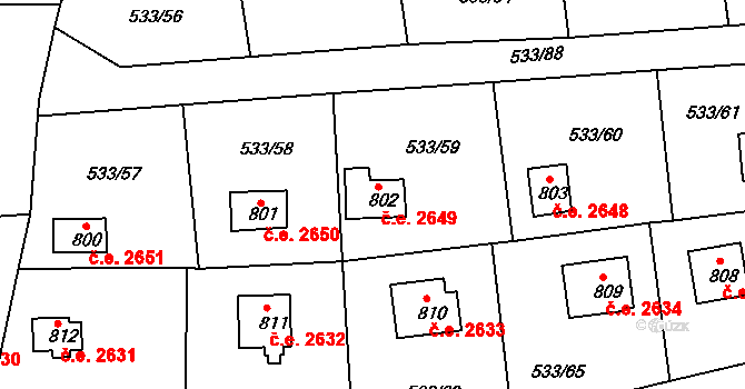 Těptín 2649, Kamenice na parcele st. 802 v KÚ Těptín, Katastrální mapa