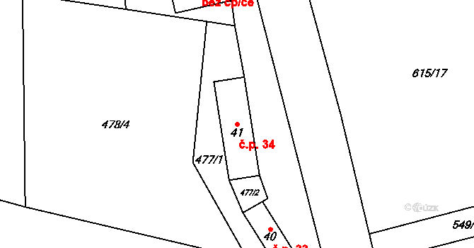 Lhota u Lysic 34 na parcele st. 41 v KÚ Lhota u Lysic, Katastrální mapa
