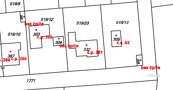 Tetín 261 na parcele st. 332 v KÚ Tetín u Berouna, Katastrální mapa