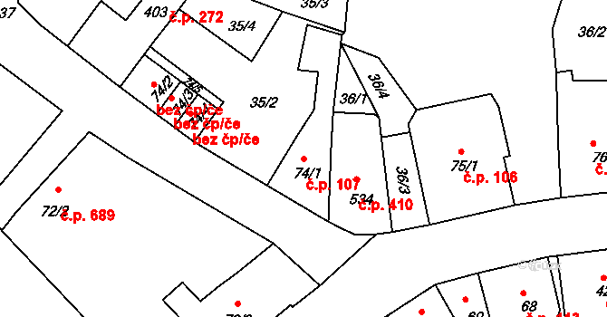 Benešov nad Ploučnicí 107 na parcele st. 74/1 v KÚ Benešov nad Ploučnicí, Katastrální mapa