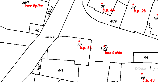 Hněvčeves 53 na parcele st. 60 v KÚ Hněvčeves, Katastrální mapa