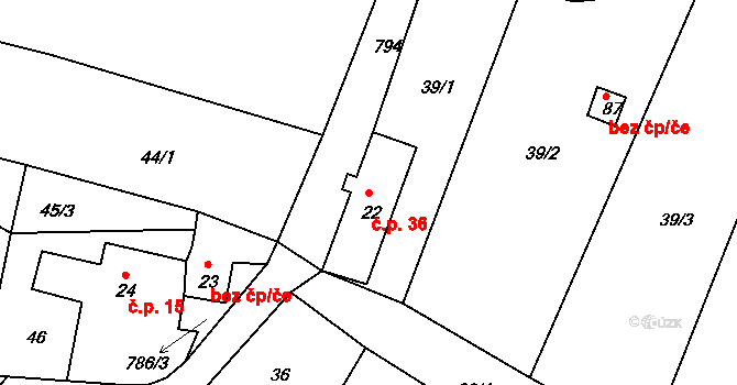 Habartice 36, Klatovy na parcele st. 22 v KÚ Habartice u Obytců, Katastrální mapa