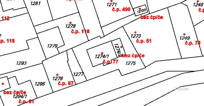 Dubeč 77, Praha na parcele st. 1274/1 v KÚ Dubeč, Katastrální mapa