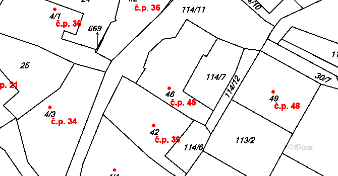 Dolní Hbity 45 na parcele st. 46 v KÚ Dolní Hbity, Katastrální mapa