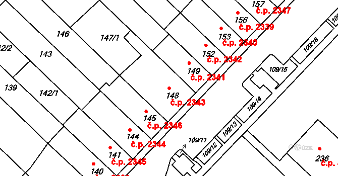 Chomutov 2343 na parcele st. 148 v KÚ Chomutov II, Katastrální mapa