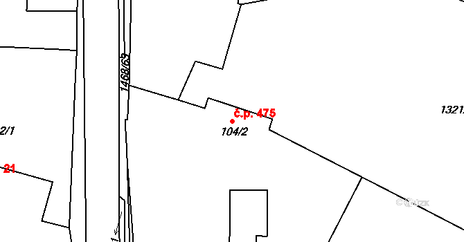 Plotiště nad Labem 475, Hradec Králové na parcele st. 104/2 v KÚ Plotiště nad Labem, Katastrální mapa