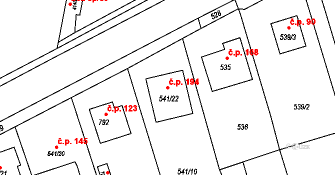 Červený Hrádek 194, Plzeň na parcele st. 541/22 v KÚ Červený Hrádek u Plzně, Katastrální mapa