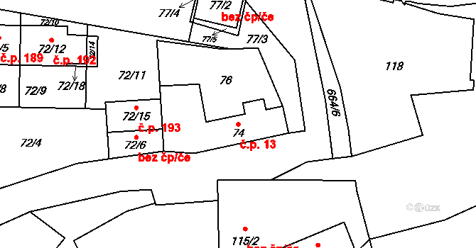 Bukovec 13, Plzeň na parcele st. 74 v KÚ Bukovec, Katastrální mapa