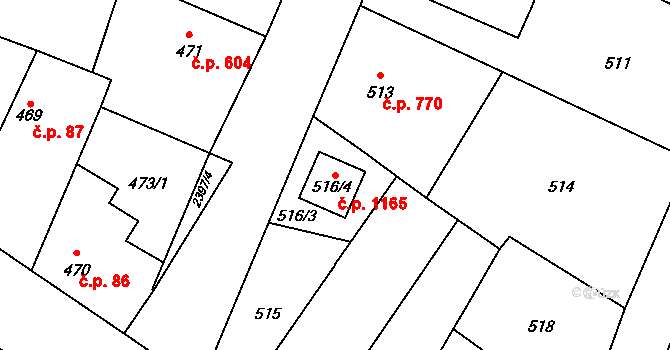 Holice 1165 na parcele st. 516/4 v KÚ Holice v Čechách, Katastrální mapa