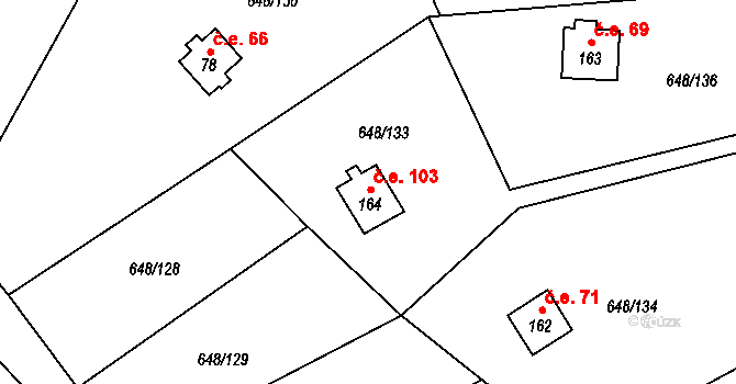 Vrcovice 103 na parcele st. 164 v KÚ Vrcovice, Katastrální mapa
