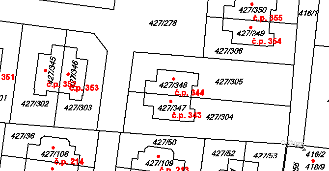 Březiněves 344, Praha na parcele st. 427/348 v KÚ Březiněves, Katastrální mapa