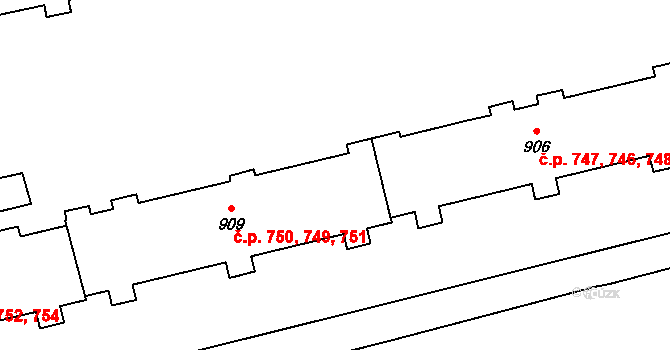 Malenovice 749,750,751, Zlín na parcele st. 909 v KÚ Malenovice u Zlína, Katastrální mapa