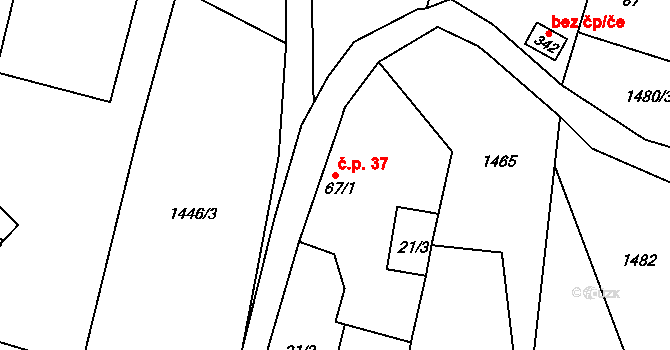 Budišovice 37 na parcele st. 67/1 v KÚ Budišovice, Katastrální mapa