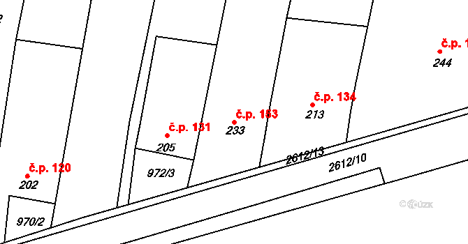 Rudice 153 na parcele st. 233 v KÚ Rudice, Katastrální mapa