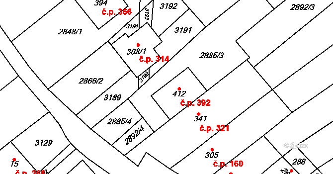 Traplice 392 na parcele st. 412 v KÚ Traplice, Katastrální mapa