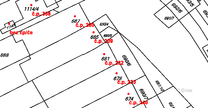 Těšov 232, Uherský Brod na parcele st. 681 v KÚ Těšov, Katastrální mapa