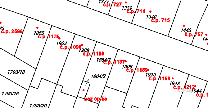 Budějovické Předměstí 1137, Písek na parcele st. 1864/1 v KÚ Písek, Katastrální mapa
