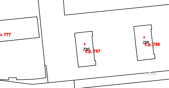 Milevsko 757 na parcele st. 730 v KÚ Milevsko, Katastrální mapa