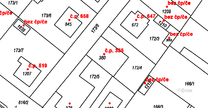 Neratovice 355 na parcele st. 380 v KÚ Neratovice, Katastrální mapa
