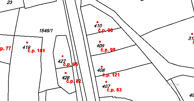 Koloveč 99 na parcele st. 409 v KÚ Koloveč, Katastrální mapa