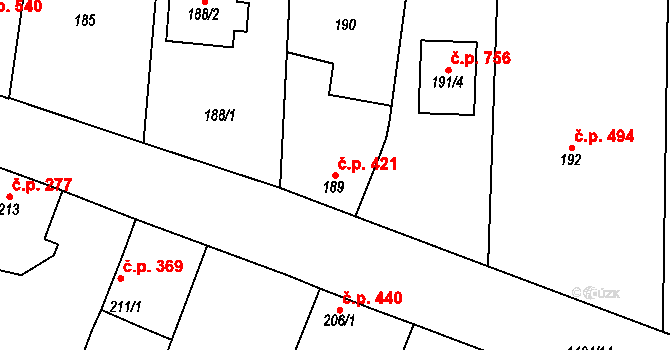 Tlučná 421 na parcele st. 189/1 v KÚ Tlučná, Katastrální mapa
