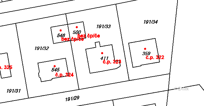 Břehy 323 na parcele st. 411 v KÚ Břehy, Katastrální mapa