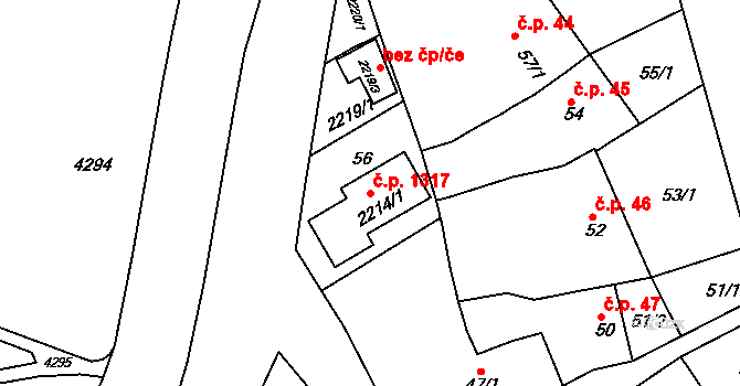 Komín 1317, Brno na parcele st. 2214/1 v KÚ Komín, Katastrální mapa