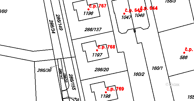 Prštné 768, Zlín na parcele st. 1197 v KÚ Prštné, Katastrální mapa