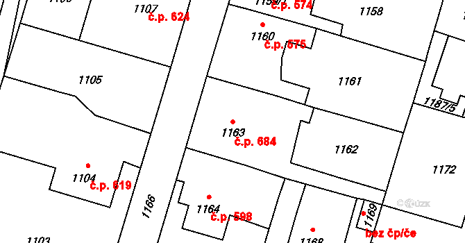 Mohelnice 684 na parcele st. 1163 v KÚ Mohelnice, Katastrální mapa