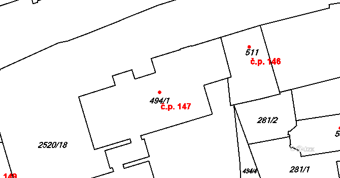 Humpolec 147 na parcele st. 494/1 v KÚ Humpolec, Katastrální mapa