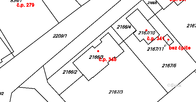 Pouzdřany 345 na parcele st. 2166/3 v KÚ Pouzdřany, Katastrální mapa
