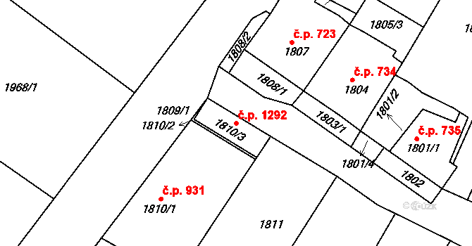 Mutěnice 1292 na parcele st. 1810/3 v KÚ Mutěnice, Katastrální mapa