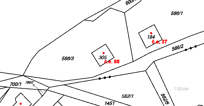 Zdemyslice 88 na parcele st. 305 v KÚ Zdemyslice, Katastrální mapa