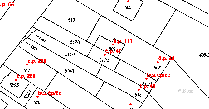 Vážany 47, Kroměříž na parcele st. 511/2 v KÚ Vážany u Kroměříže, Katastrální mapa