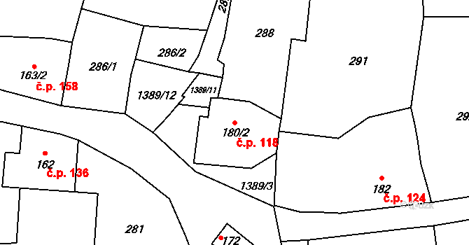 Vranov nad Dyjí 118 na parcele st. 180/2 v KÚ Vranov nad Dyjí, Katastrální mapa
