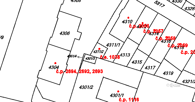 Jihlava 1038 na parcele st. 4311/2 v KÚ Jihlava, Katastrální mapa