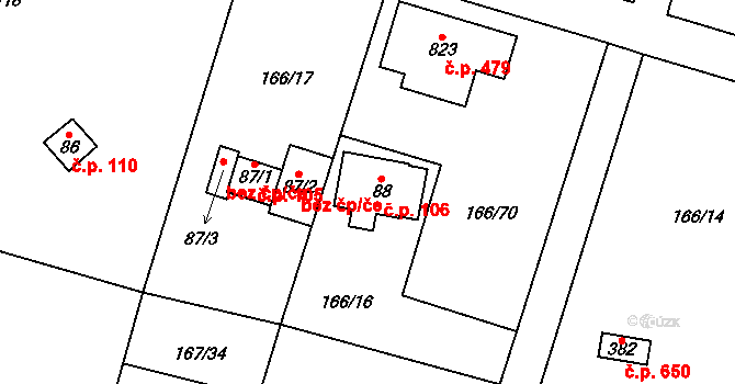 Březová 106, Březová-Oleško na parcele st. 88 v KÚ Březová u Zvole, Katastrální mapa